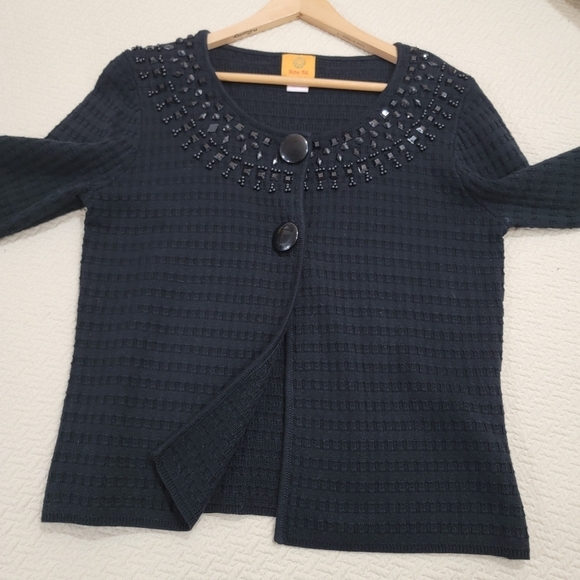 Ruby Rd Black Cardigan Embellished neck and Sleeve Hems Size Medium - Picture 12 of 13